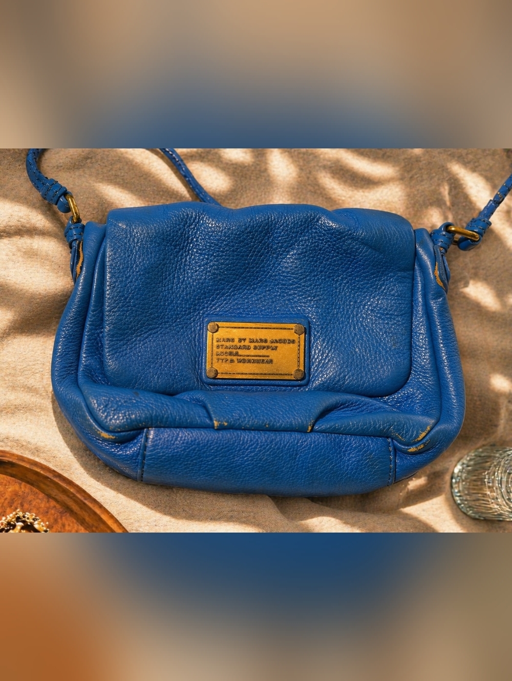 Marc by Marc Jacobs Bright Blue Leather Crossbody with Gold Plaque